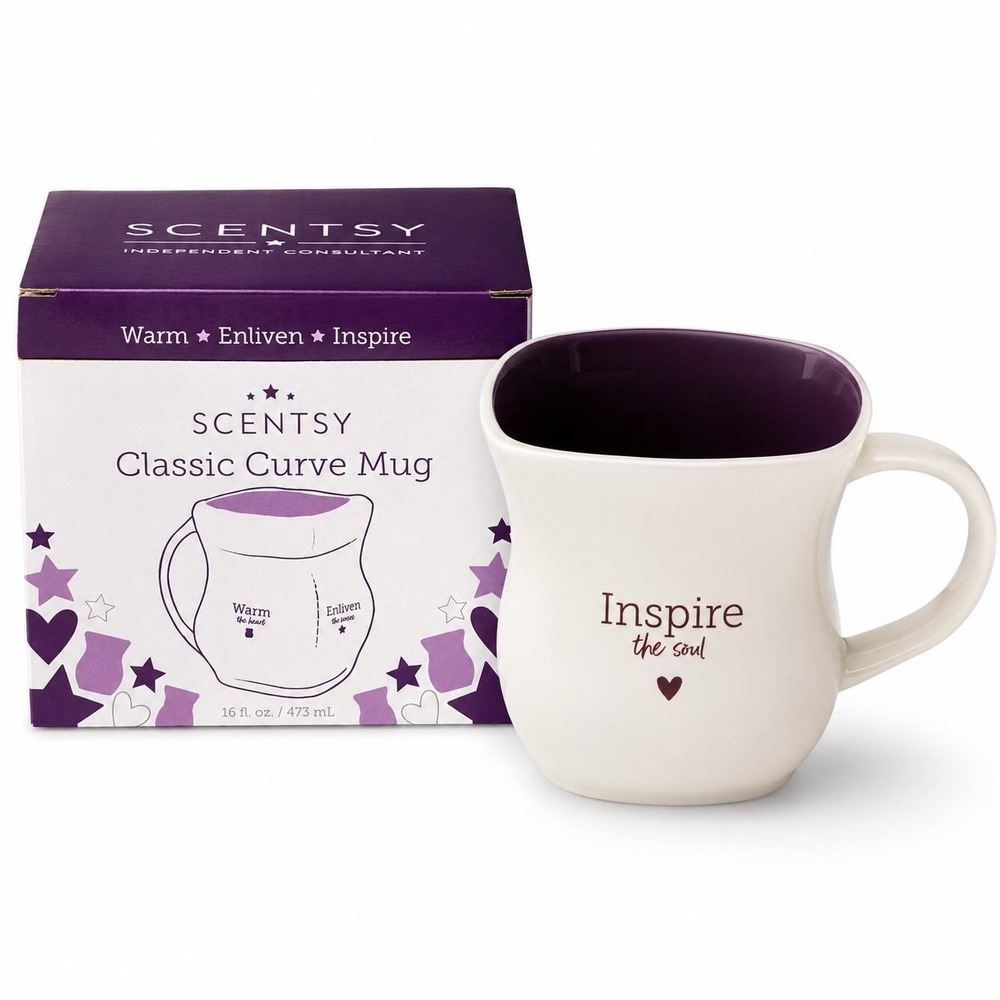 Scentsy Classic Curve Mug 16 oz Inspire Warm Enliven Purple White w/ Box